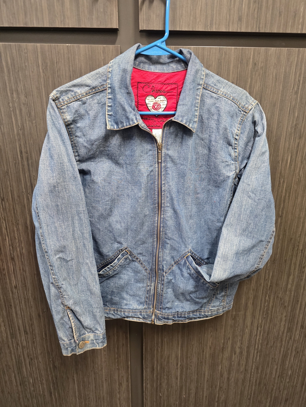 Chico's Embroidered Parrot Silk Zip Jacket Women's Size 1 Blue Denim